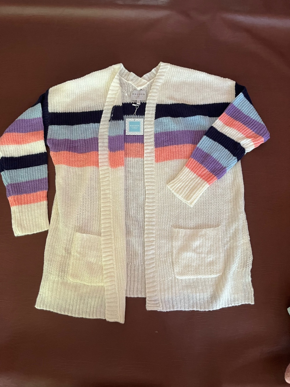 Hayden Los Angeles Cream Open-Front Cardigan with Coral, Lavender & Navy Stripes